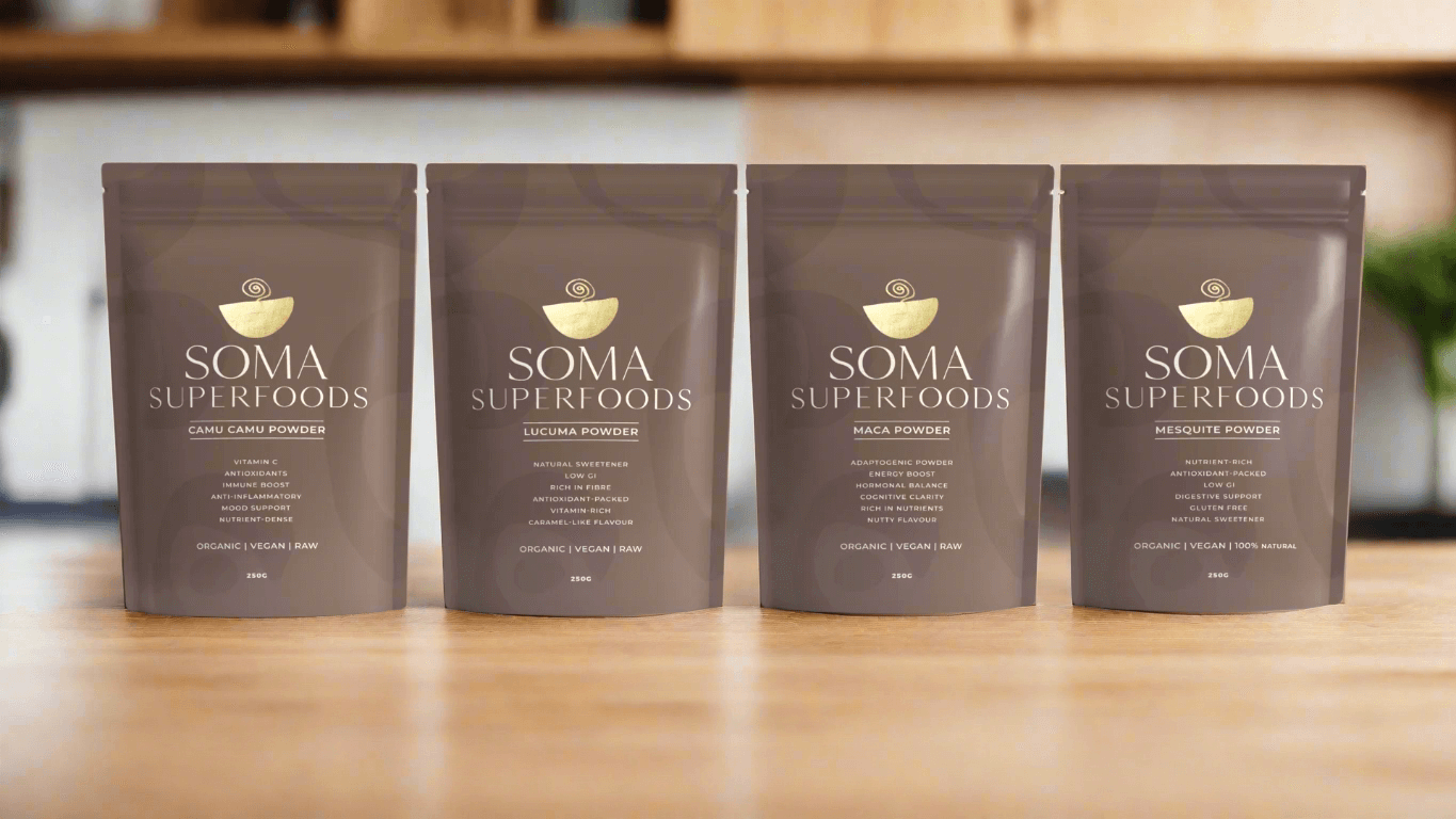 Soma Superfoods collection featuring camu camu, lucuma, maca, and mesquite powders, organic superfoods to pair with cacao.