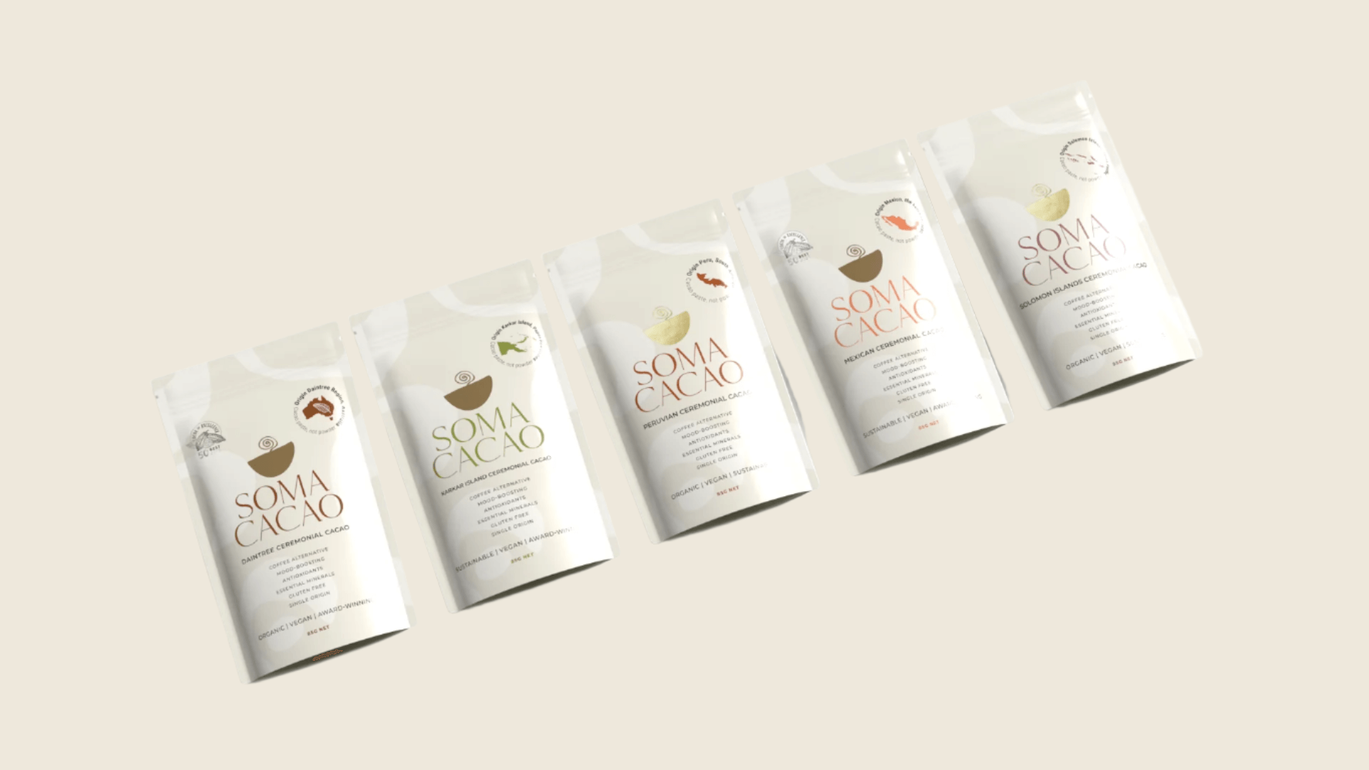 Five packs of Soma Ceremonial Cacao with rich flavors for wellness rituals, promoting cacao health benefits over coffee.