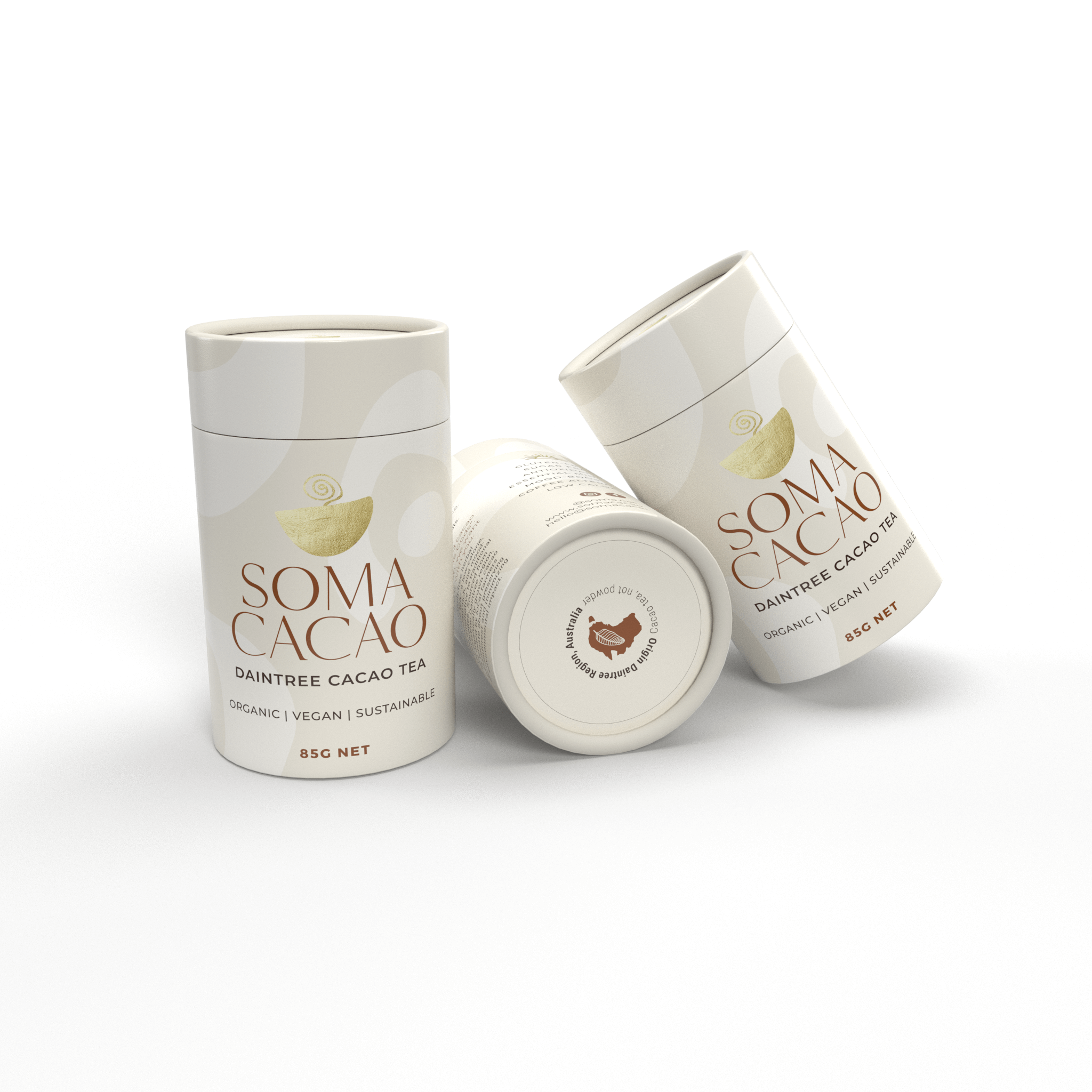 Daintree Cacao Tea canisters showcasing organic, vegan, and sustainable ceremonial cacao drink from Far North Queensland.