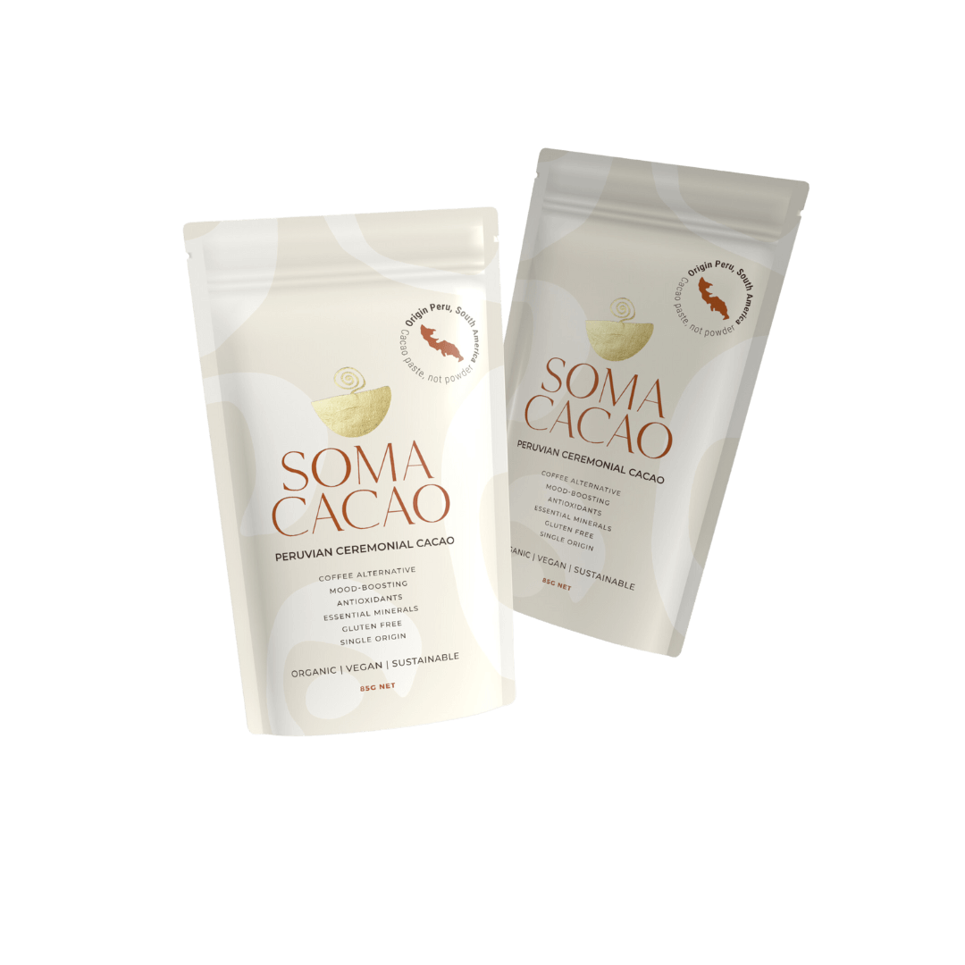 Organic Peruvian Ceremonial Cacao packaging from Soma, emphasizing health benefits and sustainable practices.