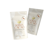 Organic Peruvian Ceremonial Cacao packaging from Soma, emphasizing health benefits and sustainable practices.