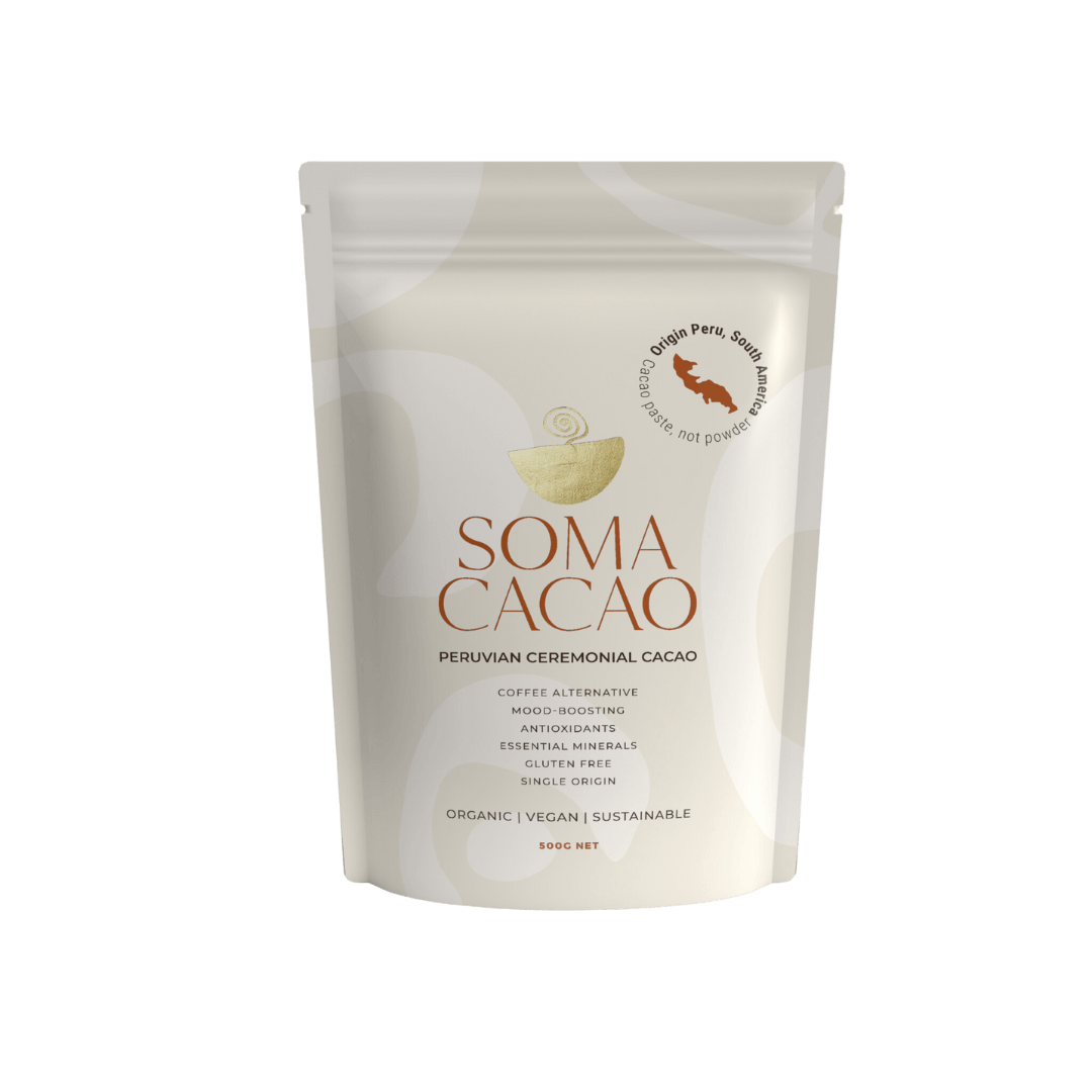 Peruvian Ceremonial Cacao packaging by Soma Cacao showcasing organic, award-winning cacao with health benefits.