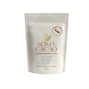 Peruvian Ceremonial Cacao packaging by Soma Cacao showcasing organic, award-winning cacao with health benefits.